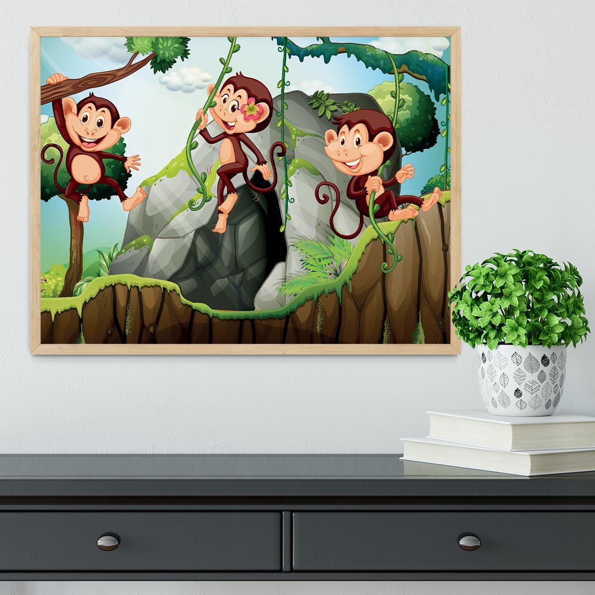 Three monkeys hanging on the branch Framed Print - Canvas Art Rocks - 4