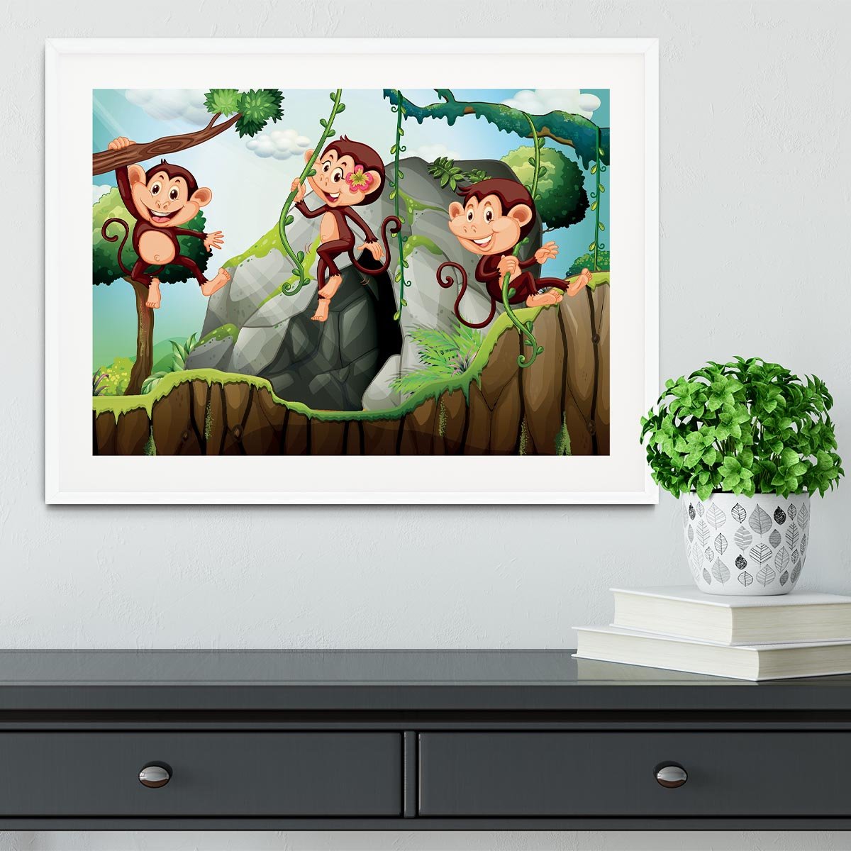 Three monkeys hanging on the branch Framed Print - Canvas Art Rocks - 5