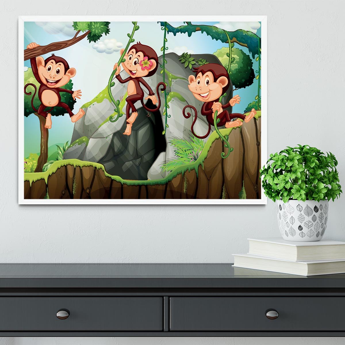 Three monkeys hanging on the branch Framed Print - Canvas Art Rocks -6