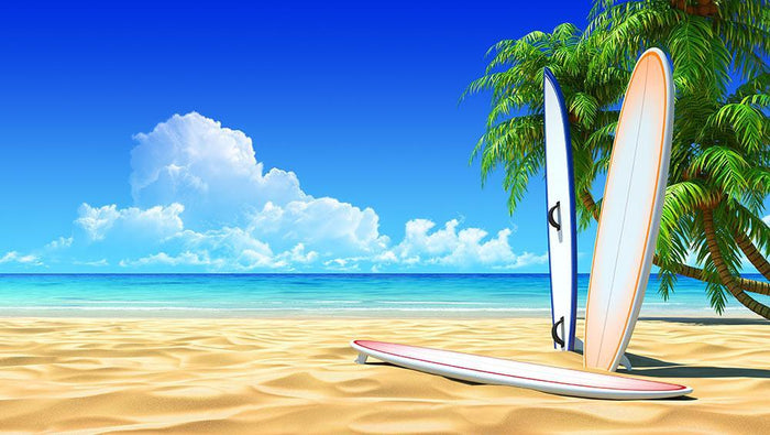 Three surf boards on idyllic tropical sand beach Wall Mural Wallpaper