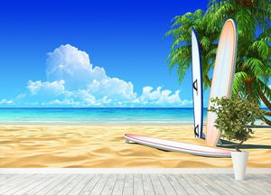 Three surf boards on idyllic tropical sand beach Wall Mural Wallpaper - Canvas Art Rocks - 4