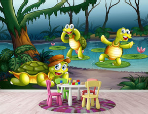 Three turtles living in the pond Wall Mural Wallpaper - Canvas Art Rocks - 2