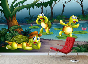 Three turtles living in the pond Wall Mural Wallpaper - Canvas Art Rocks - 3