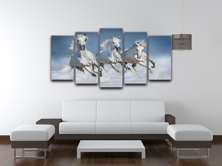 Three white horse run gallop in snow 5 Split Panel Canvas - Canvas Art Rocks - 3