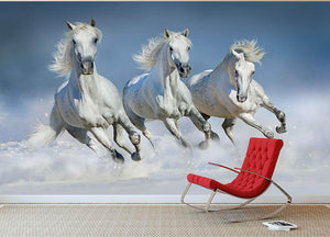 Three white horse run gallop in snow Wall Mural Wallpaper - Canvas Art Rocks - 2