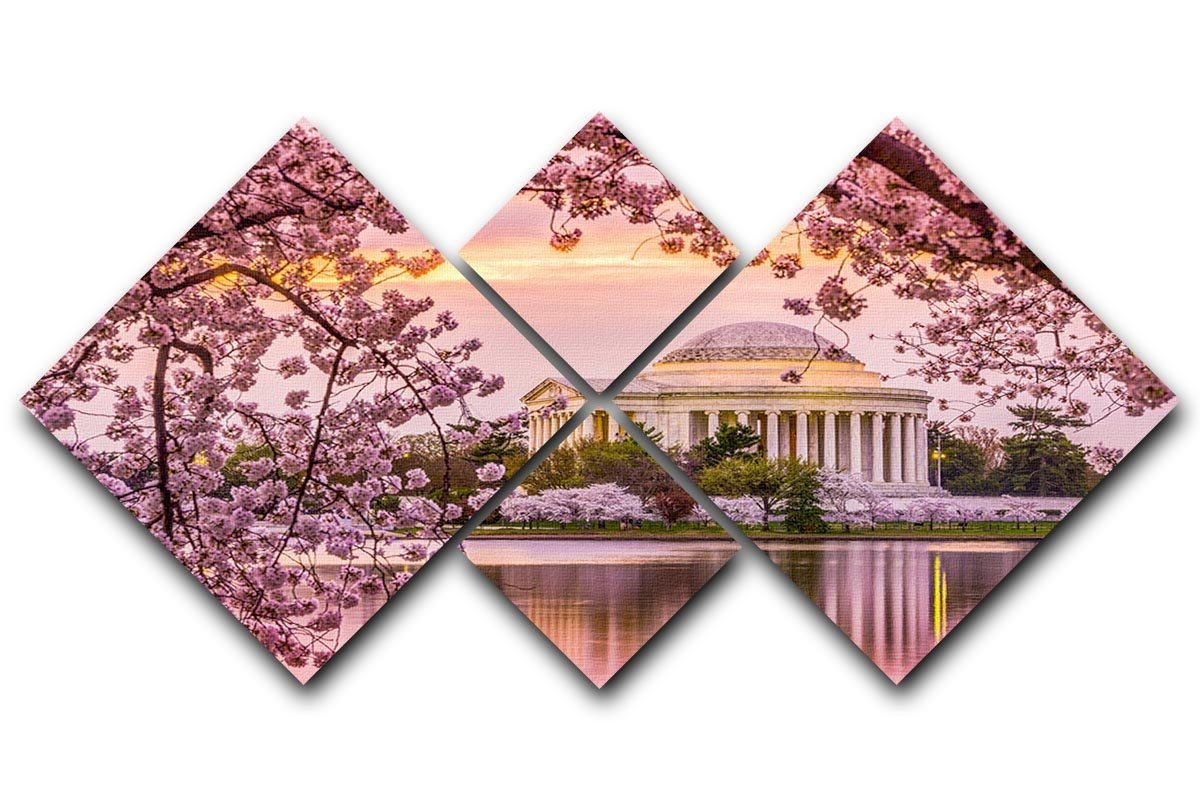 Tidal Basin and Jefferson Memorial cherry blossom season 4 Square Multi Panel Canvas  - Canvas Art Rocks - 1