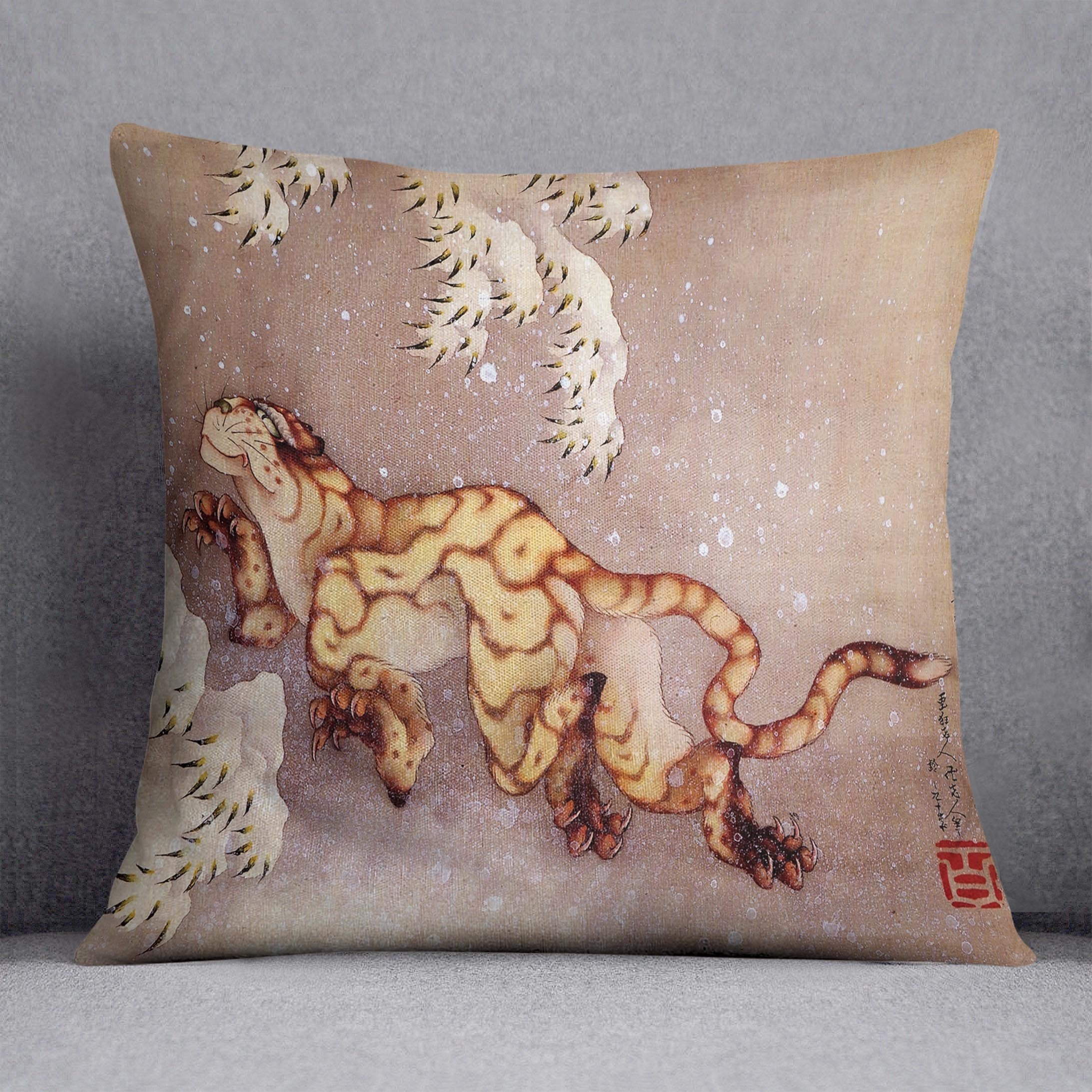 Tiger in the snow by Hokusai Throw Pillow
