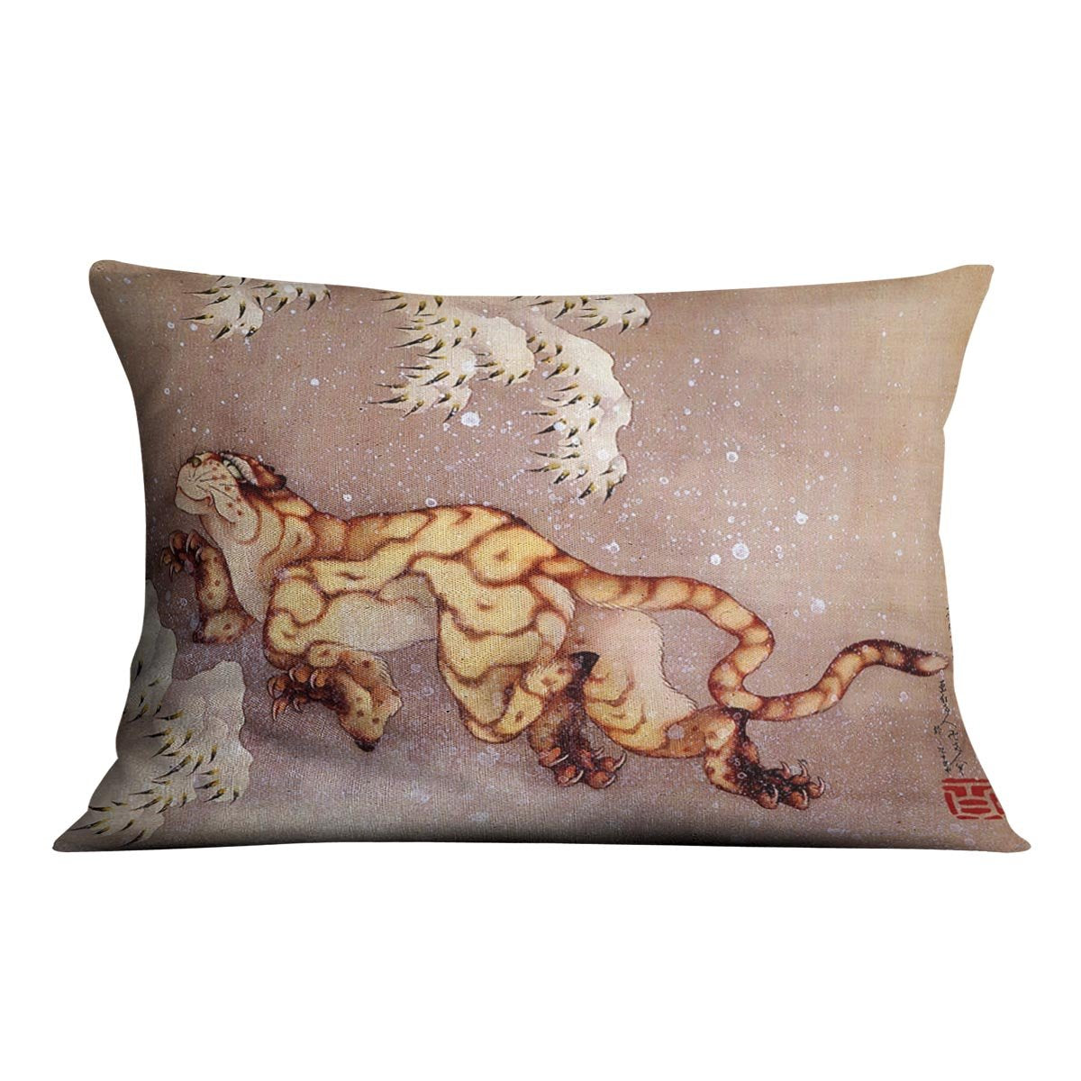 Tiger in the snow by Hokusai Throw Pillow
