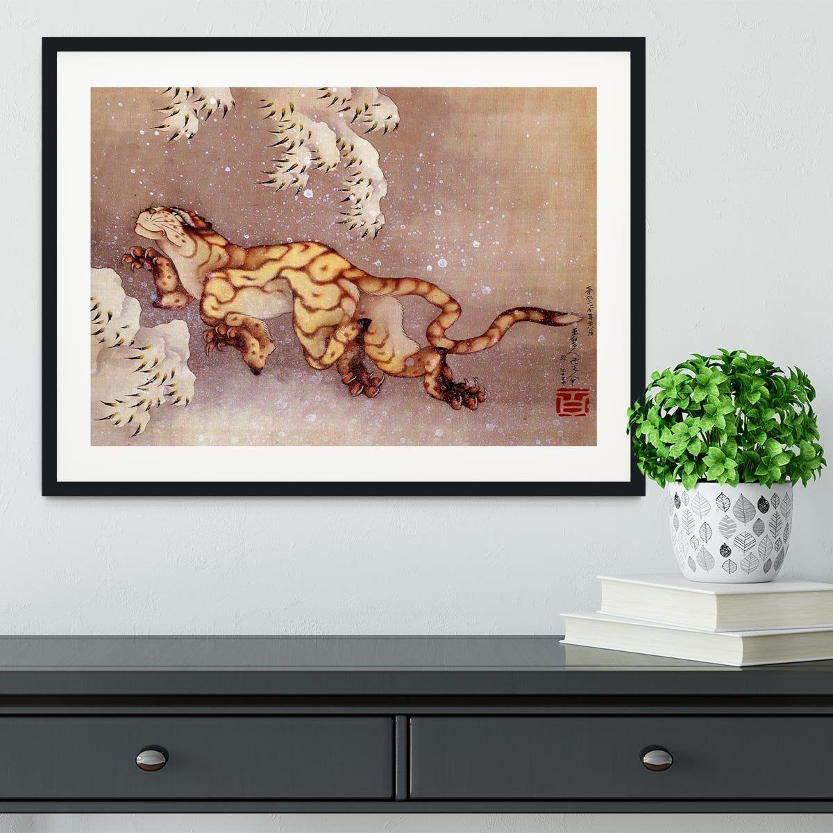 Tiger in the snow by Hokusai Framed Print - Canvas Art Rocks - 1