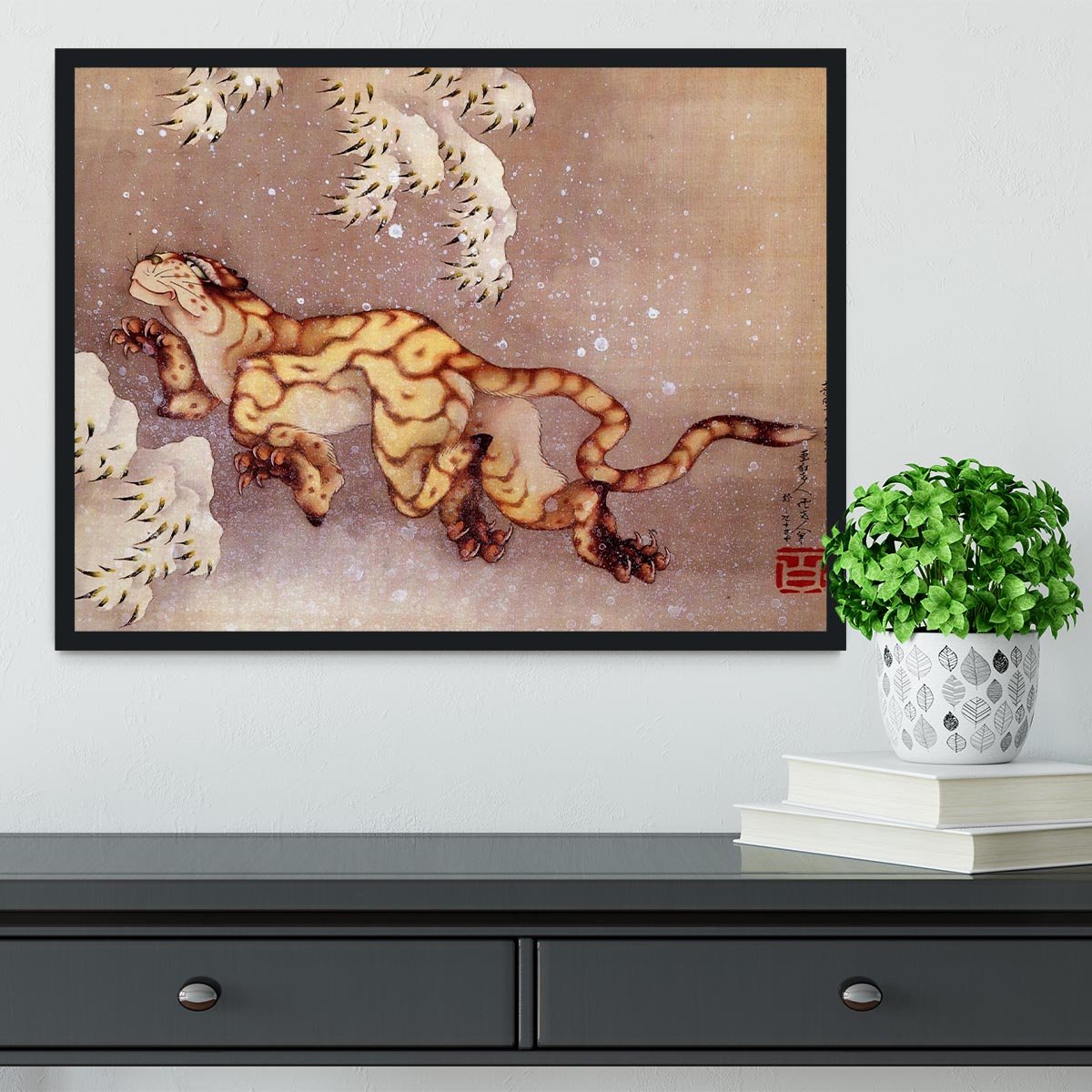Tiger in the snow by Hokusai Framed Print - Canvas Art Rocks - 2