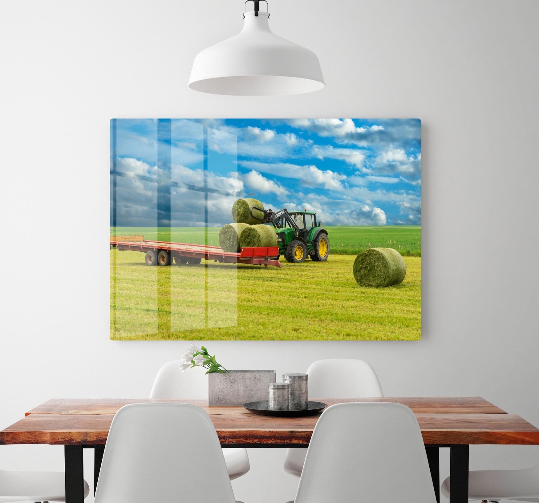 Tractor and trailer with hay bales HD Metal Print