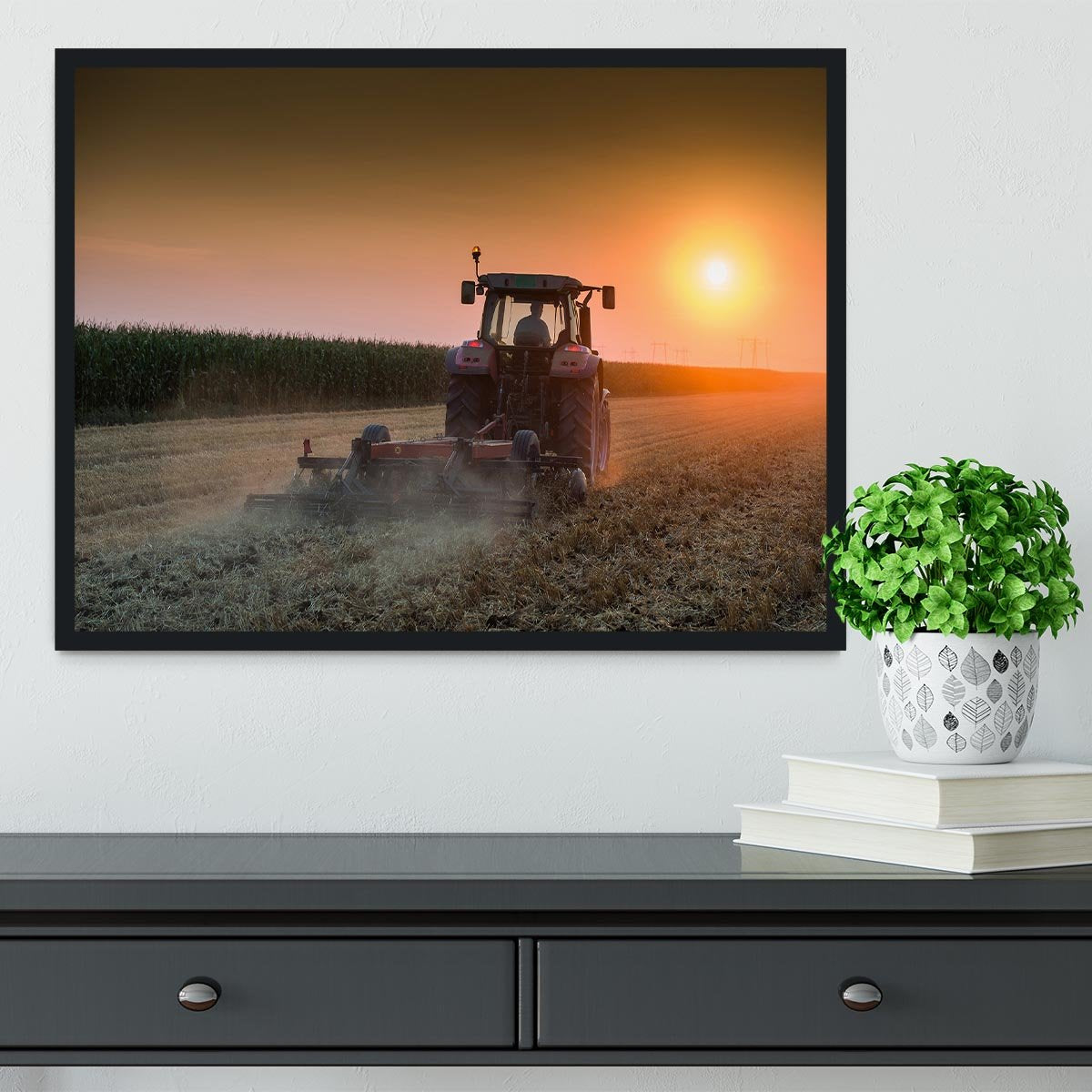 Tractor plowing field at dusk Framed Print - Canvas Art Rocks - 2