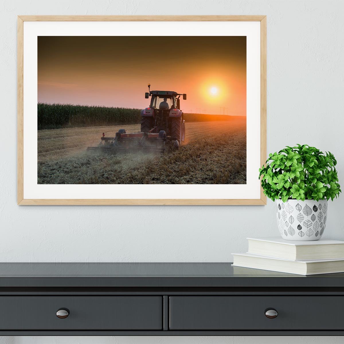 Tractor plowing field at dusk Framed Print - Canvas Art Rocks - 3