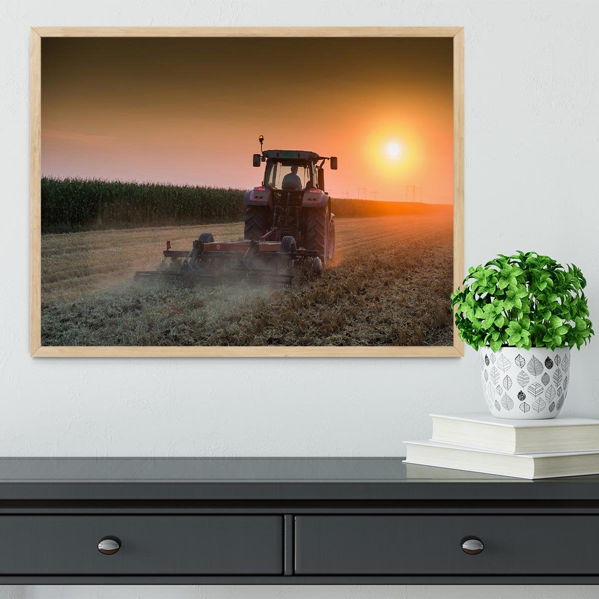 Tractor plowing field at dusk Framed Print - Canvas Art Rocks - 4