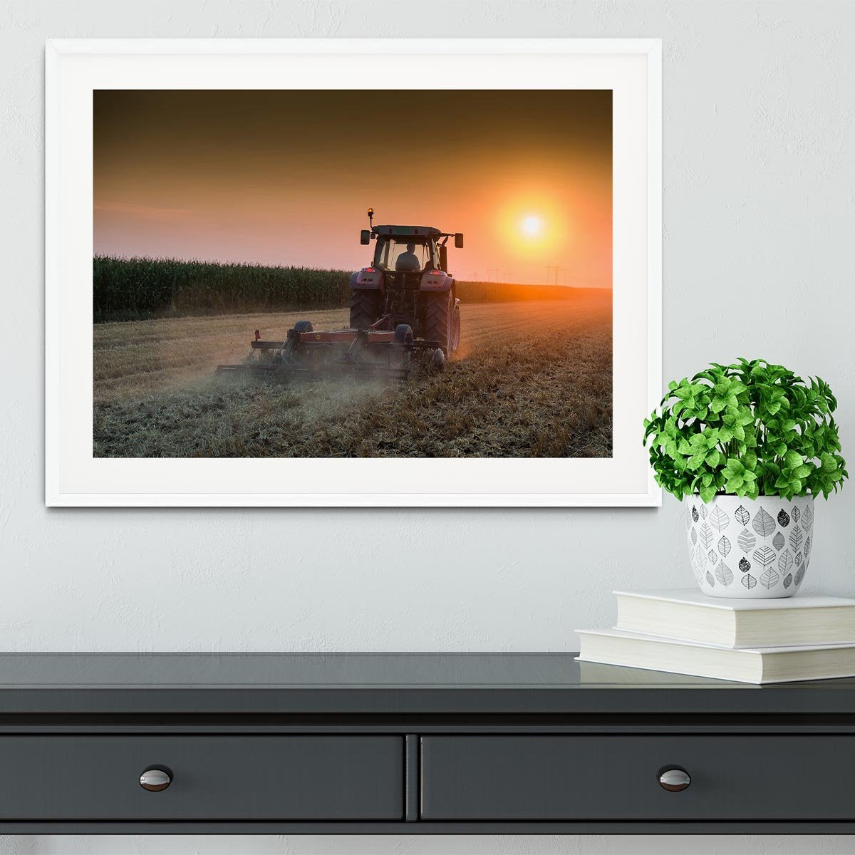 Tractor plowing field at dusk Framed Print - Canvas Art Rocks - 5