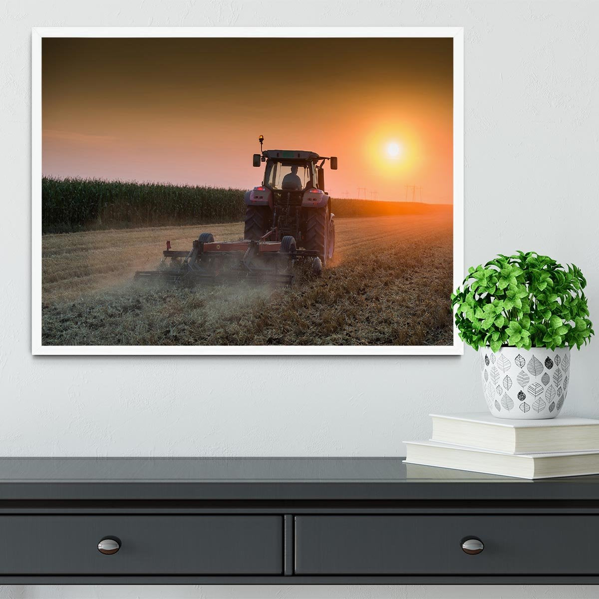 Tractor plowing field at dusk Framed Print - Canvas Art Rocks -6