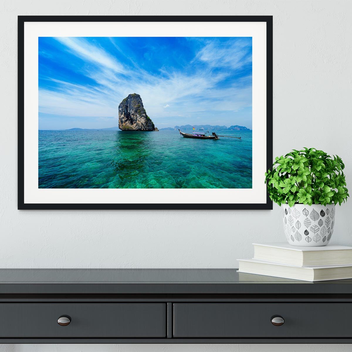 Traditional Thai boat in the blue sea Framed Print - Canvas Art Rocks - 1