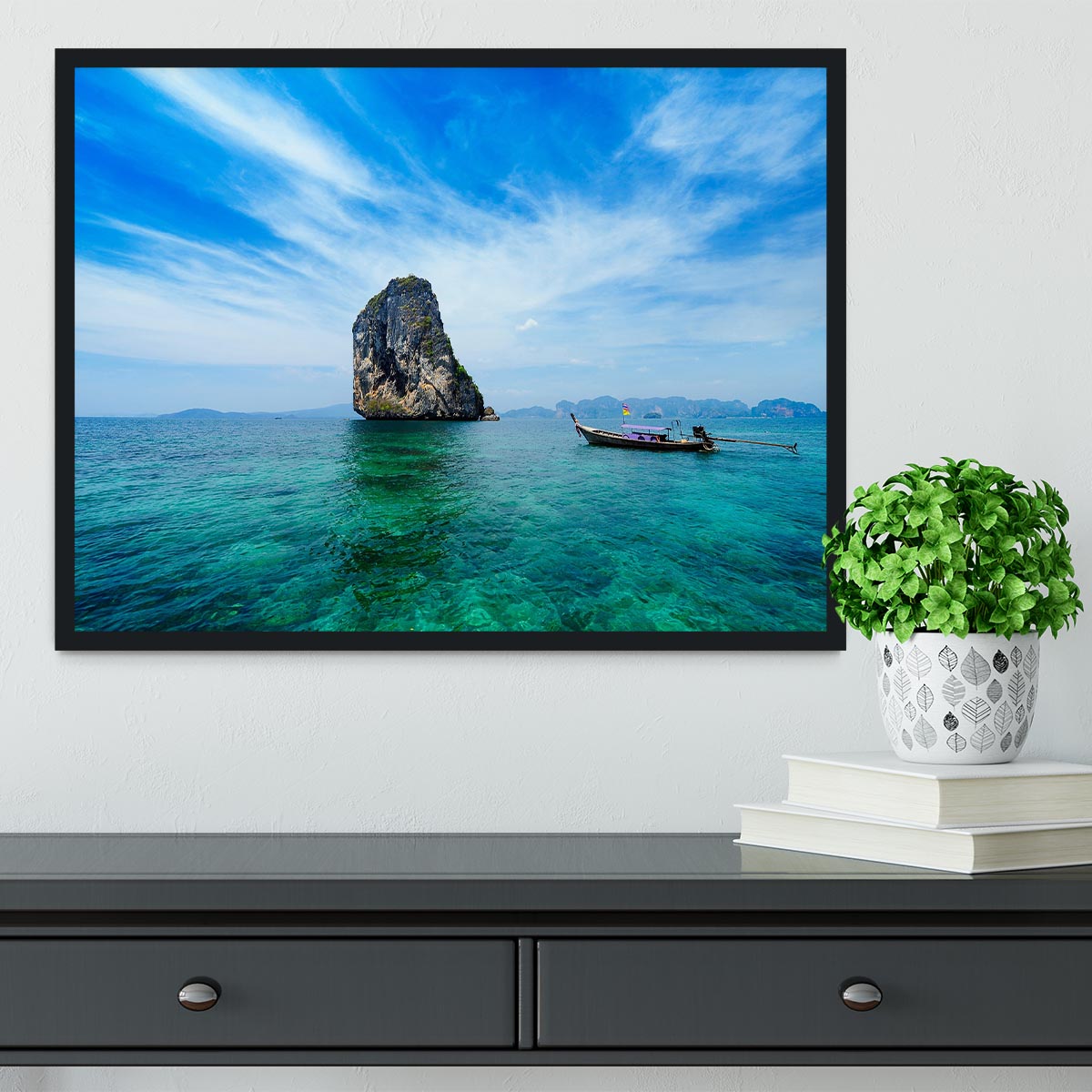 Traditional Thai boat in the blue sea Framed Print - Canvas Art Rocks - 2