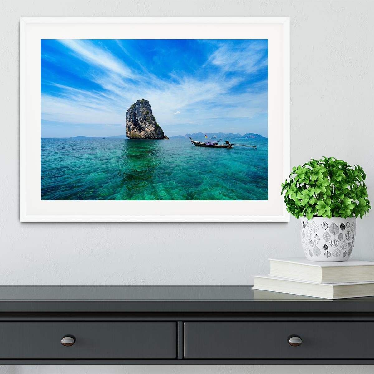Traditional Thai boat in the blue sea Framed Print - Canvas Art Rocks - 5