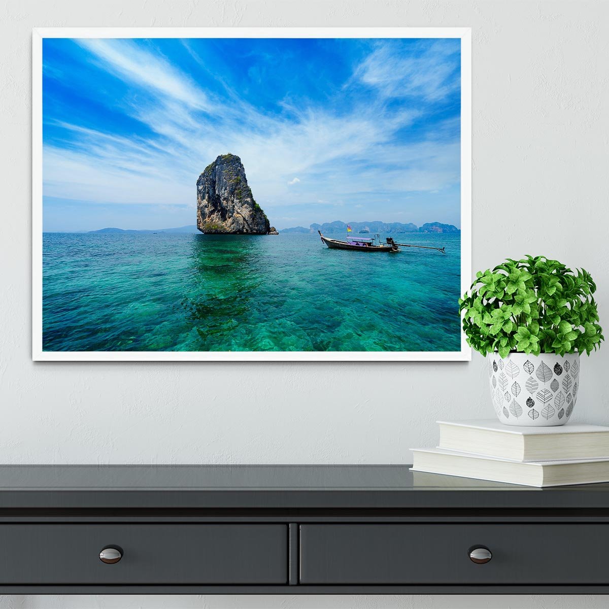 Traditional Thai boat in the blue sea Framed Print - Canvas Art Rocks -6