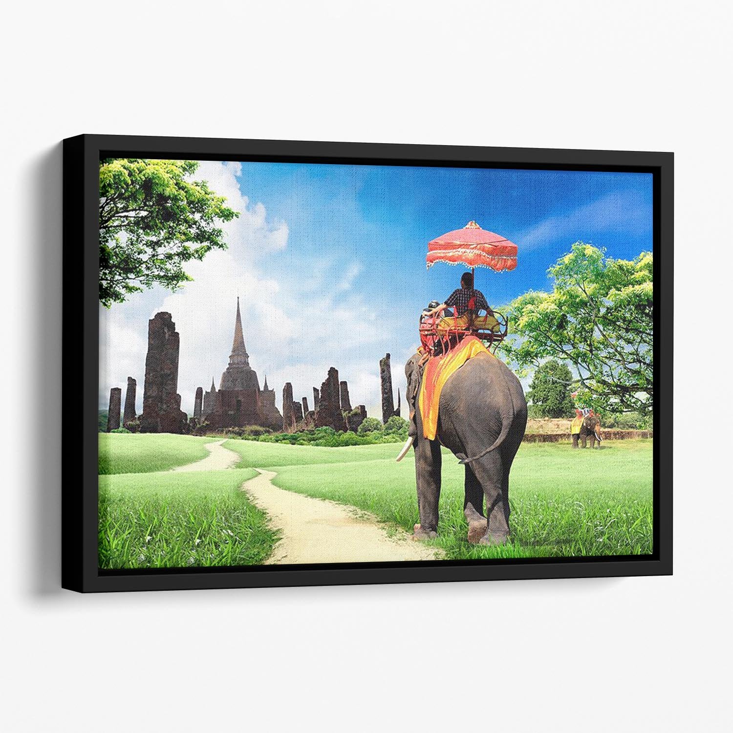 Travel concept tourists on an elephant Floating Framed Canvas - Canvas Art Rocks - 1