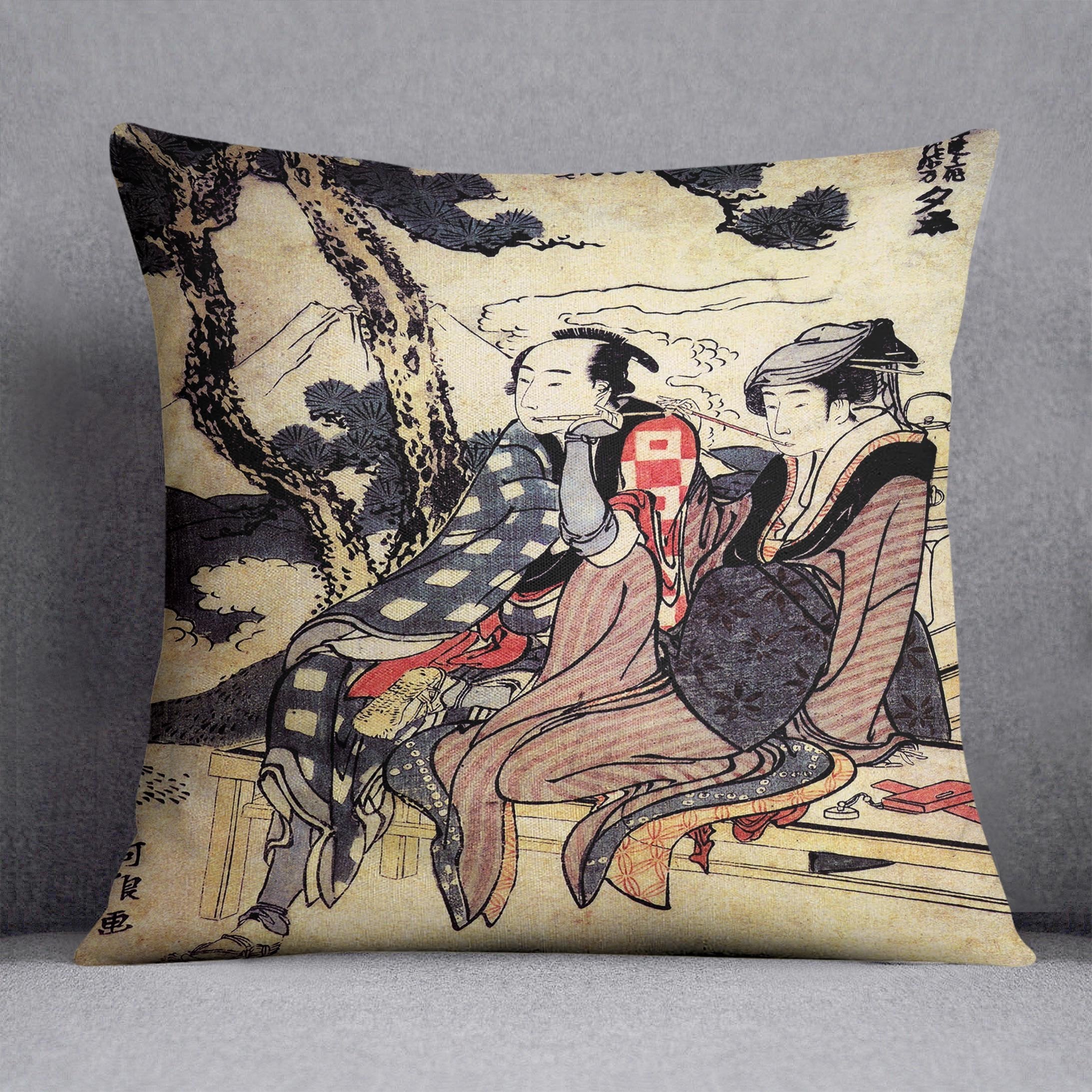 Traveling couple by Hokusai Throw Pillow
