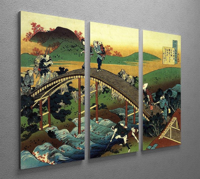 Travellers on the bridge near the waterfall of Ono by Hokusai 3 Split Panel Canvas Print - Canvas Art Rocks - 2