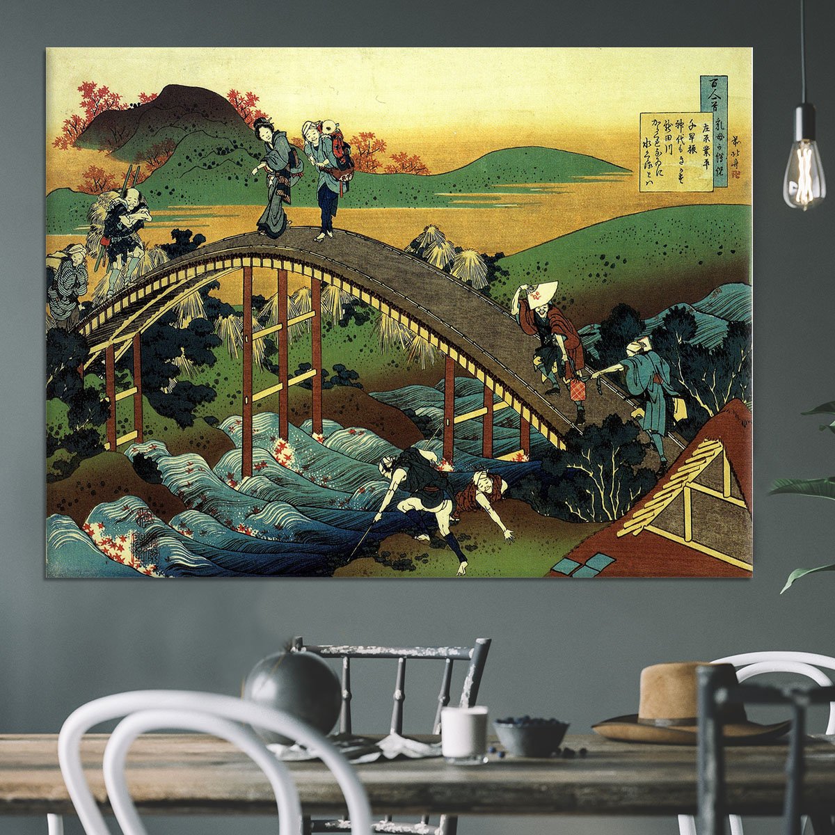 Travellers on the bridge near the waterfall of Ono by Hokusai Canvas Print or Poster