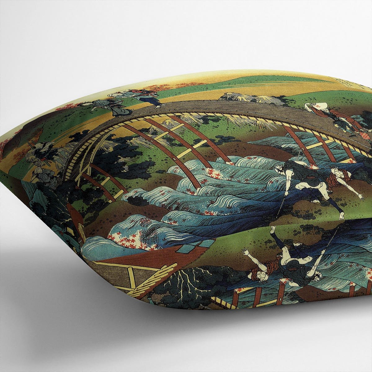 Travellers on the bridge near the waterfall of Ono by Hokusai Throw Pillow