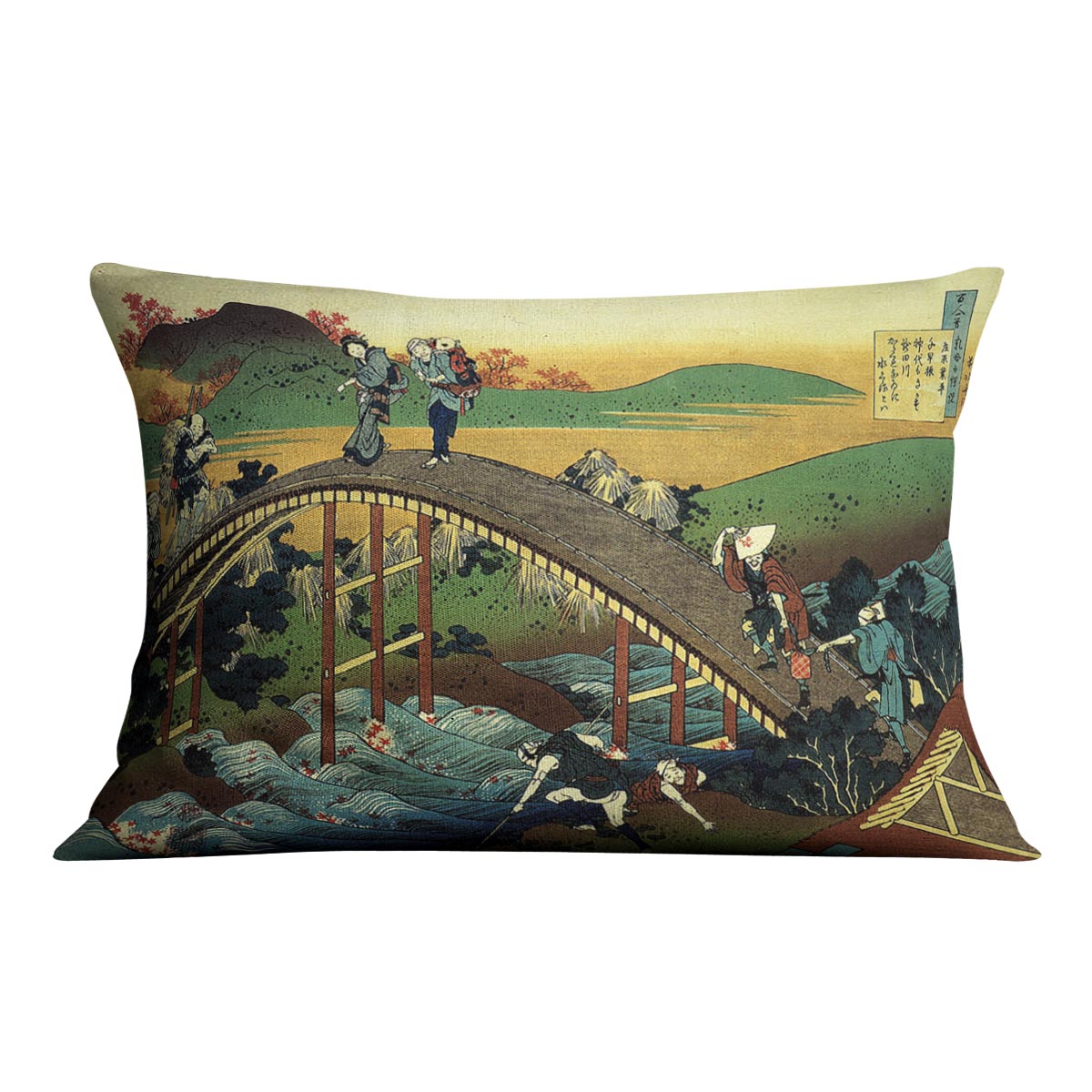 Travellers on the bridge near the waterfall of Ono by Hokusai Cushion