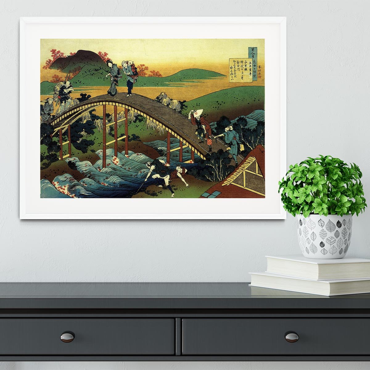 Travellers on the bridge near the waterfall of Ono by Hokusai Framed Print - Canvas Art Rocks - 5