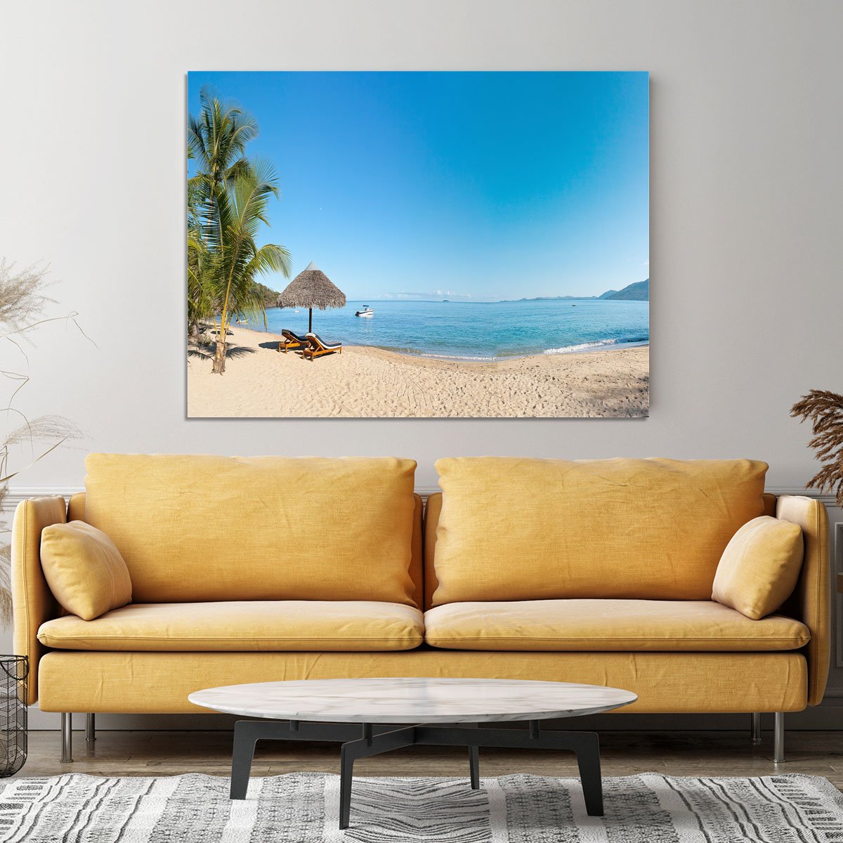 Tropical beach panorama with deckchairs Canvas Print or Poster