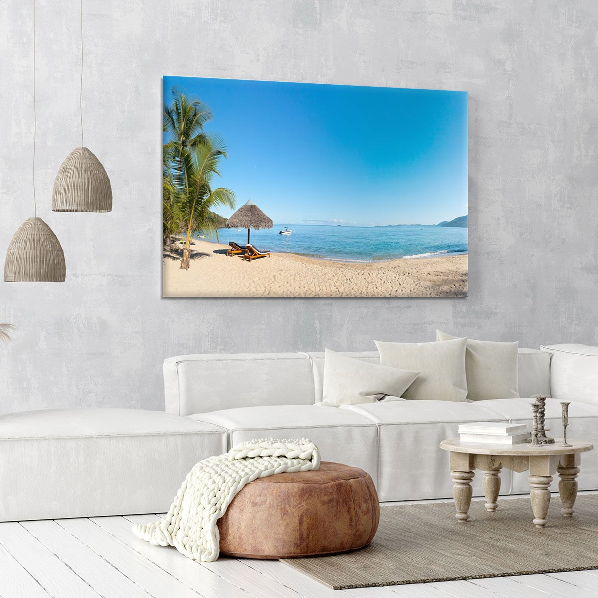 Tropical beach panorama with deckchairs Canvas Print or Poster