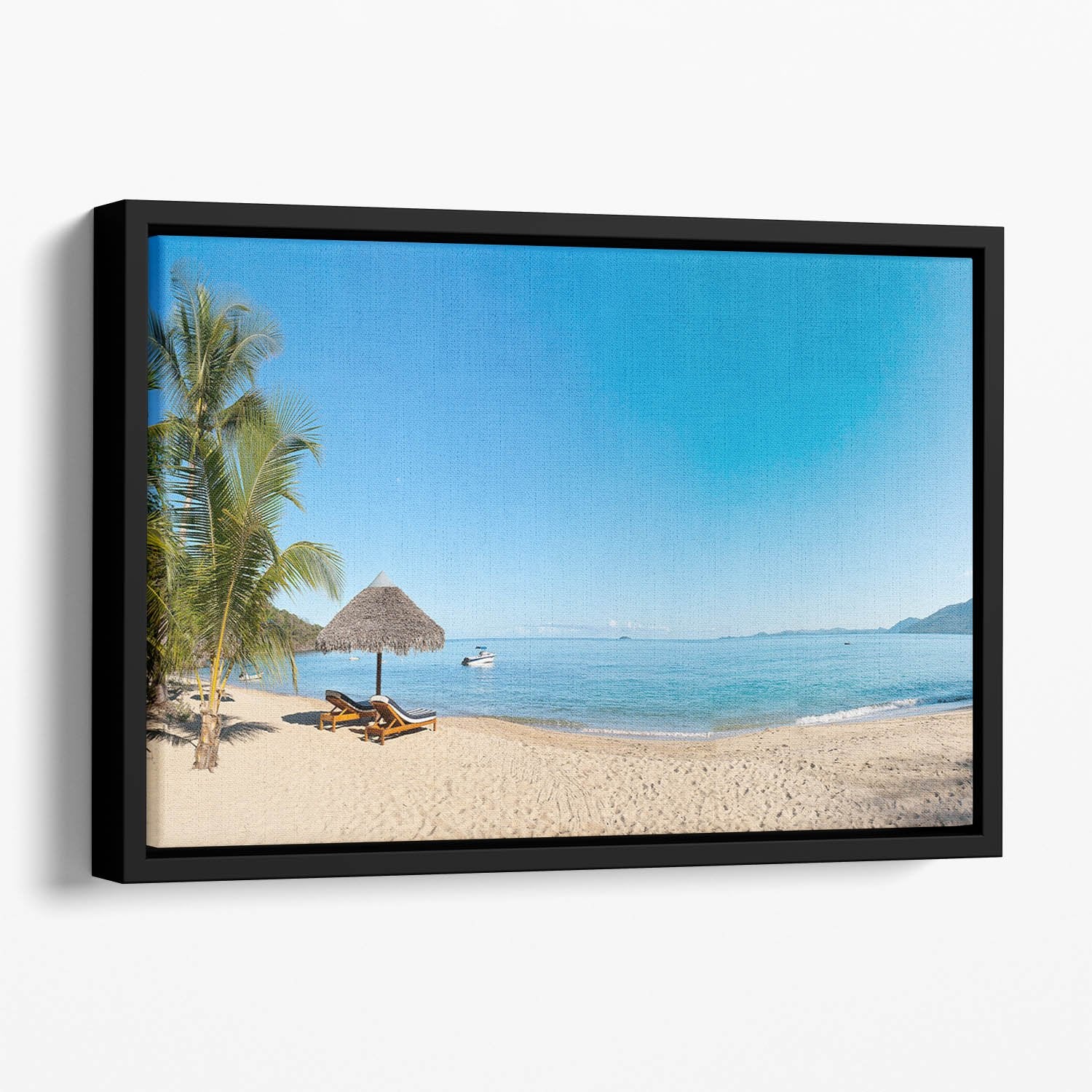 Tropical beach panorama with deckchairs Floating Framed Canvas