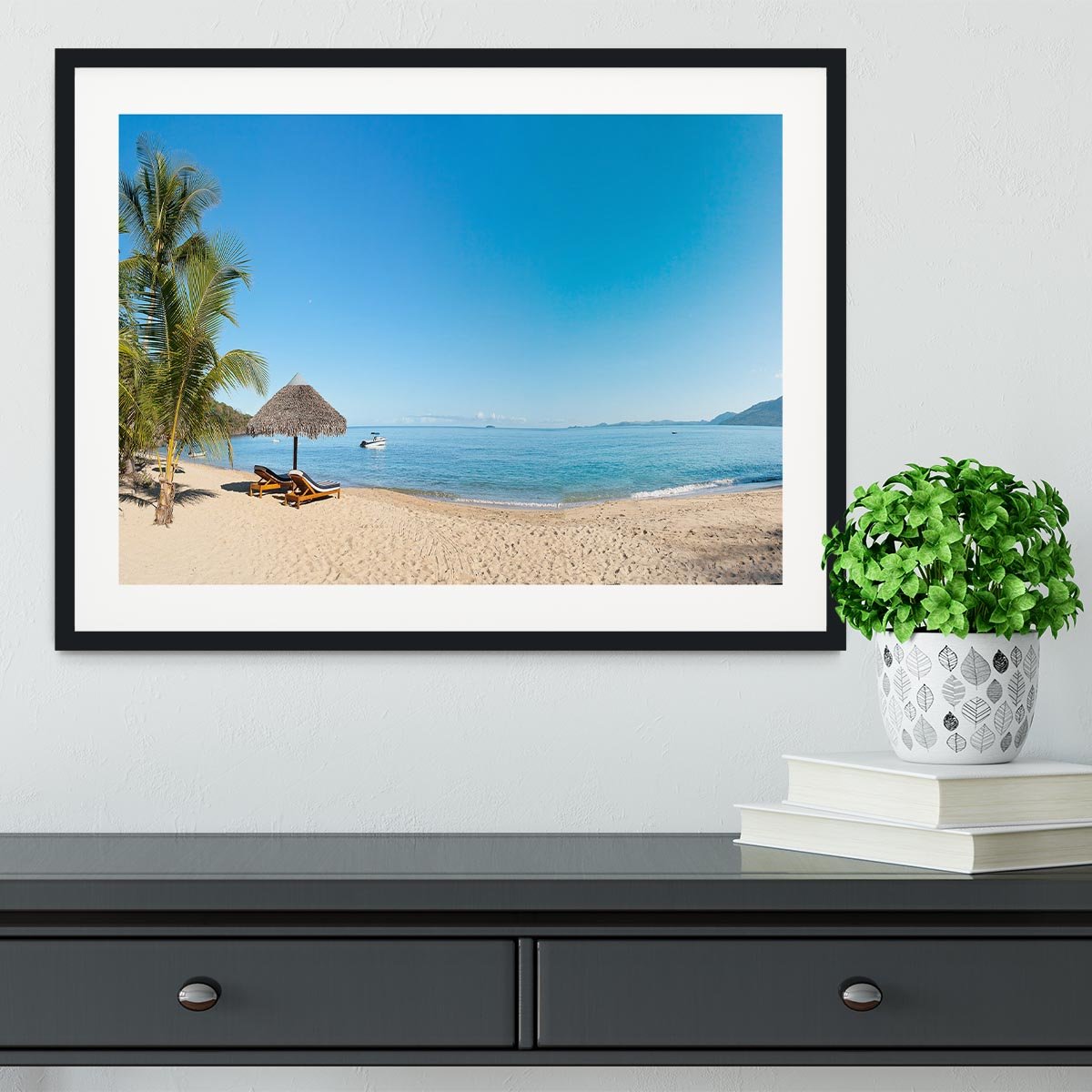 Tropical beach panorama with deckchairs Framed Print - Canvas Art Rocks - 1