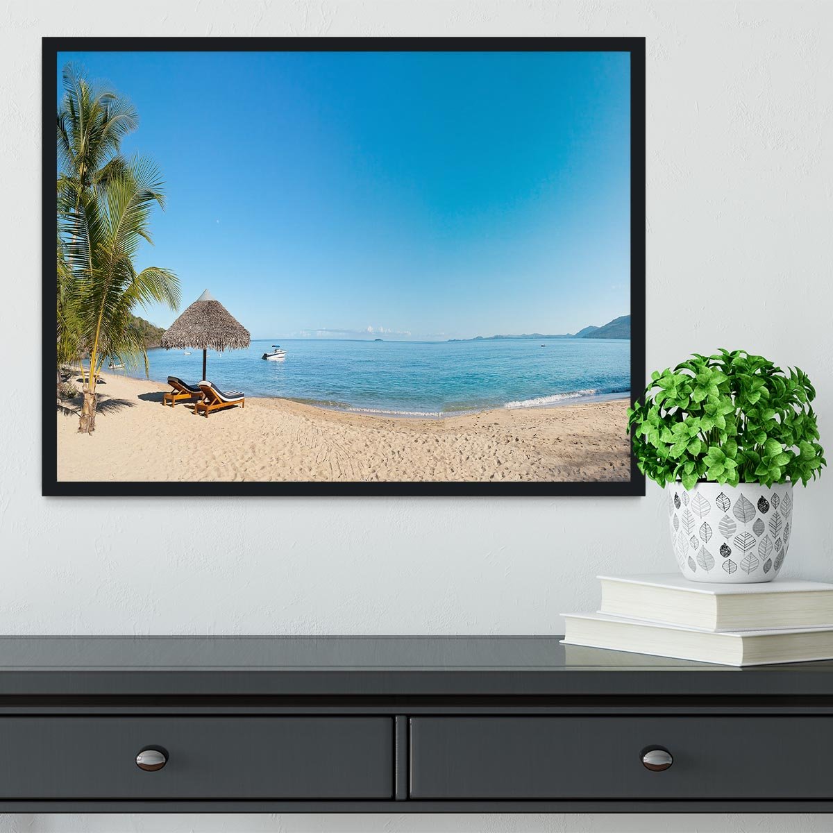 Tropical beach panorama with deckchairs Framed Print - Canvas Art Rocks - 2
