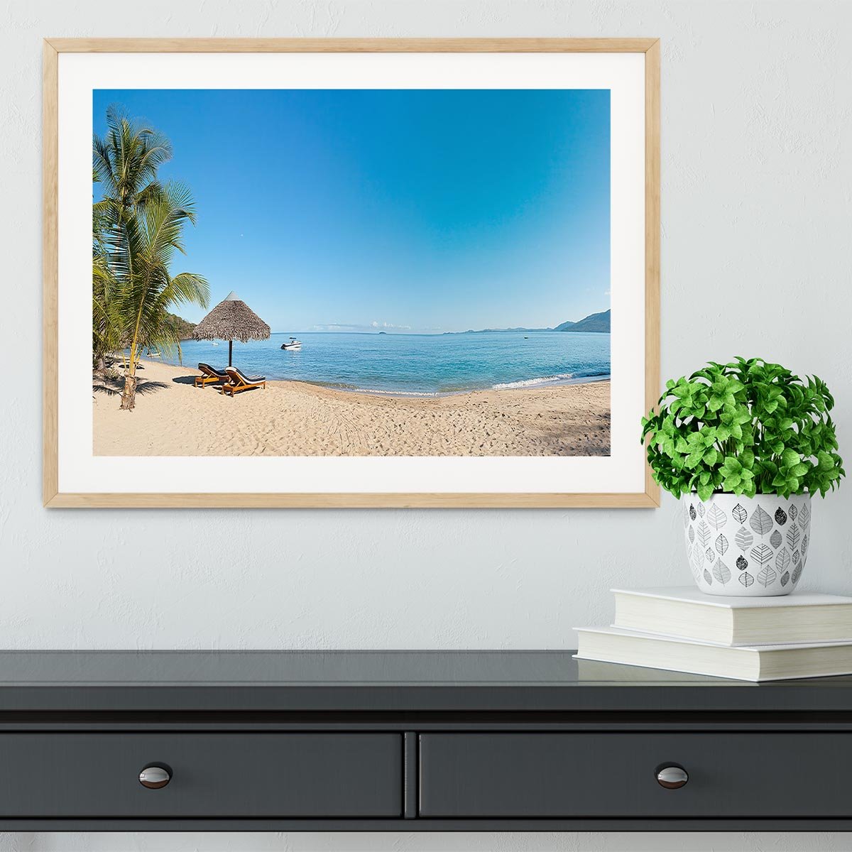Tropical beach panorama with deckchairs Framed Print - Canvas Art Rocks - 3