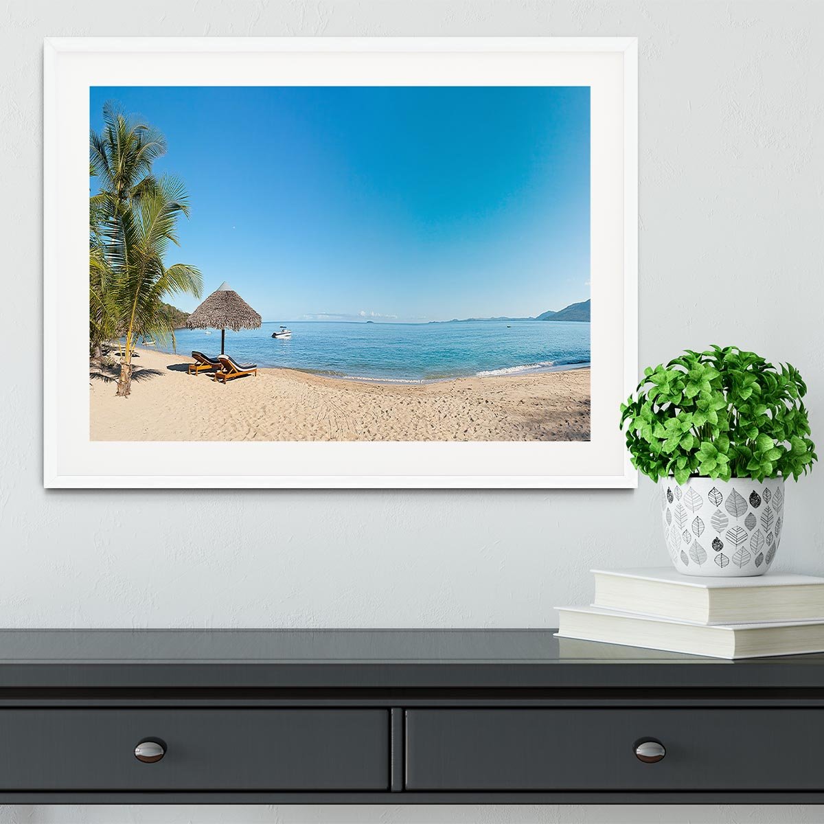 Tropical beach panorama with deckchairs Framed Print - Canvas Art Rocks - 5