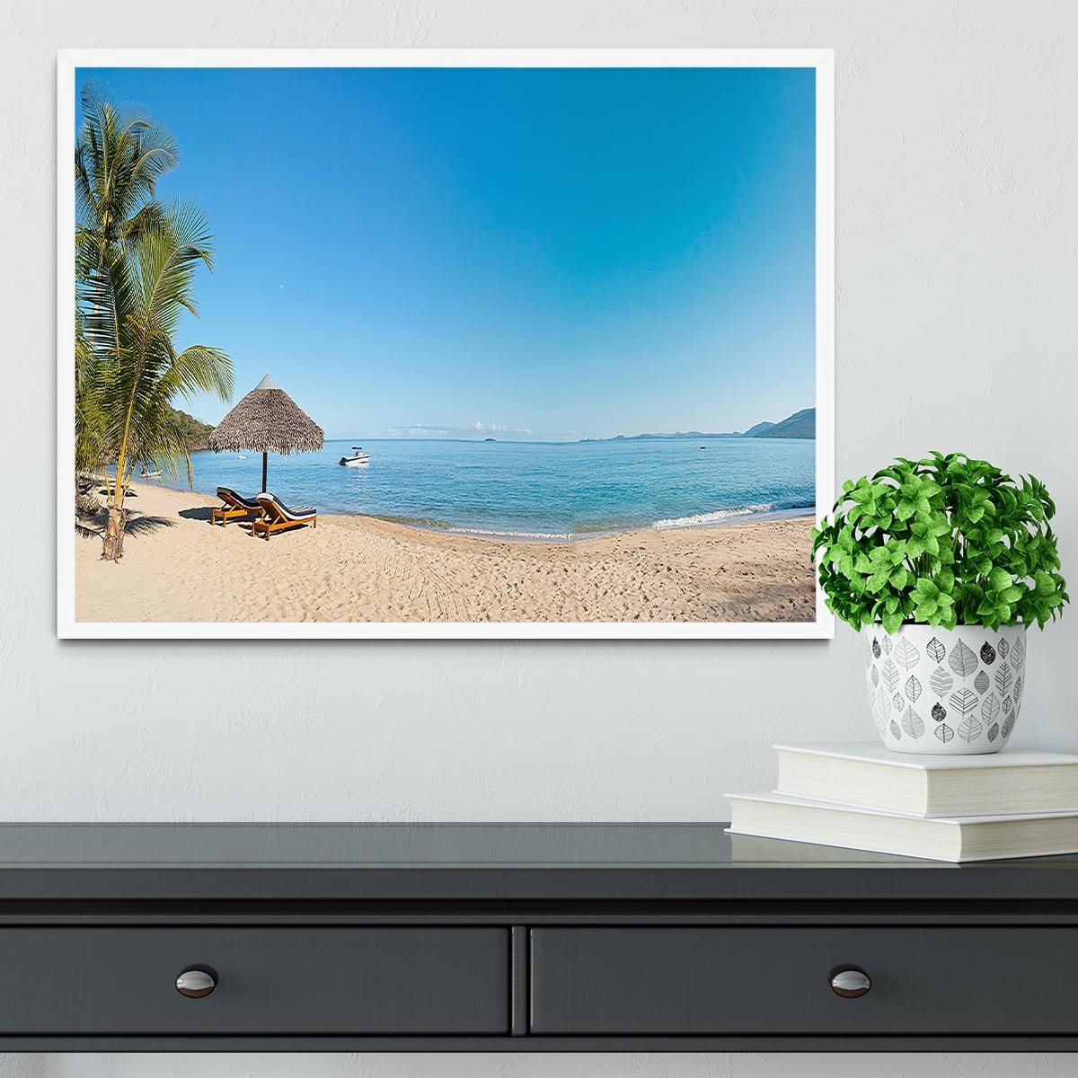 Tropical beach panorama with deckchairs Framed Print - Canvas Art Rocks -6