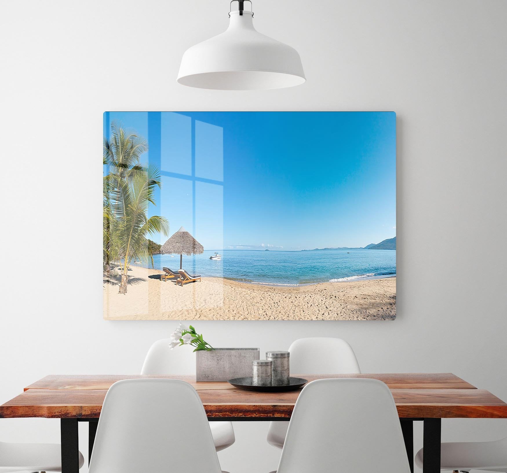 Tropical beach panorama with deckchairs HD Metal Print - Canvas Art Rocks - 2
