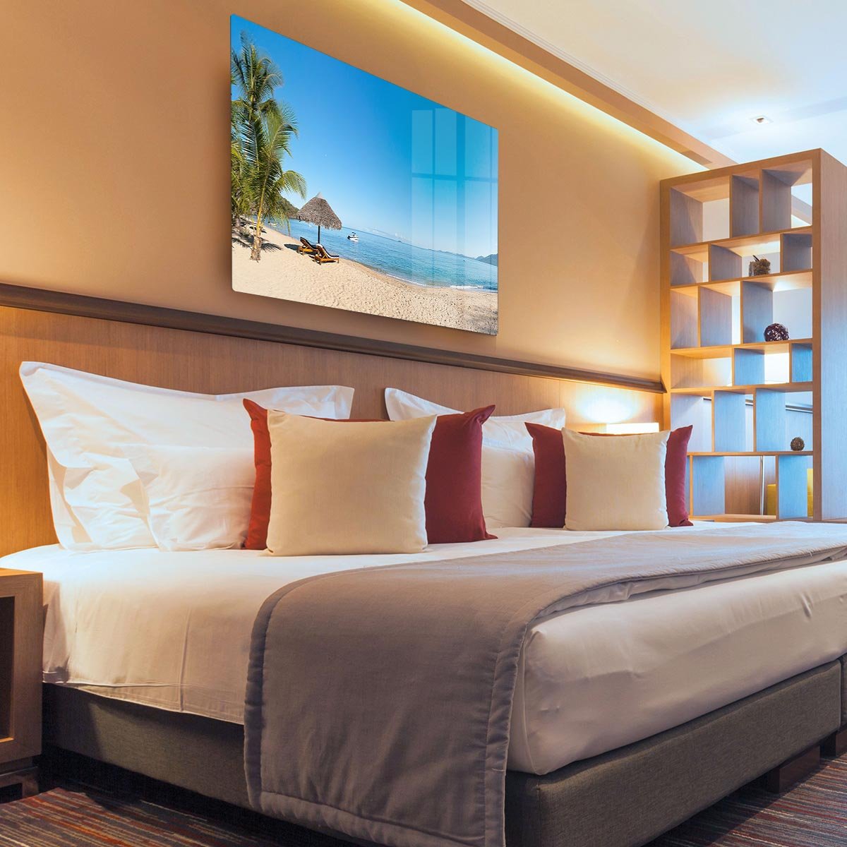 Tropical beach panorama with deckchairs HD Metal Print - Canvas Art Rocks - 3