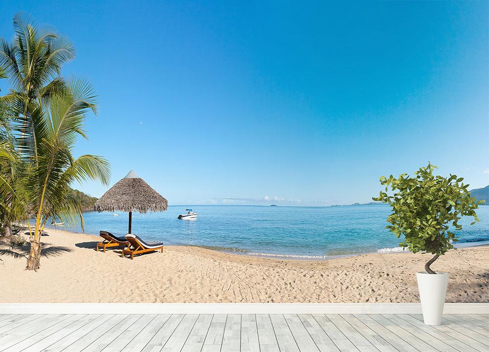 Tropical beach panorama with deckchairs Wall Mural Wallpaper - Canvas Art Rocks - 4