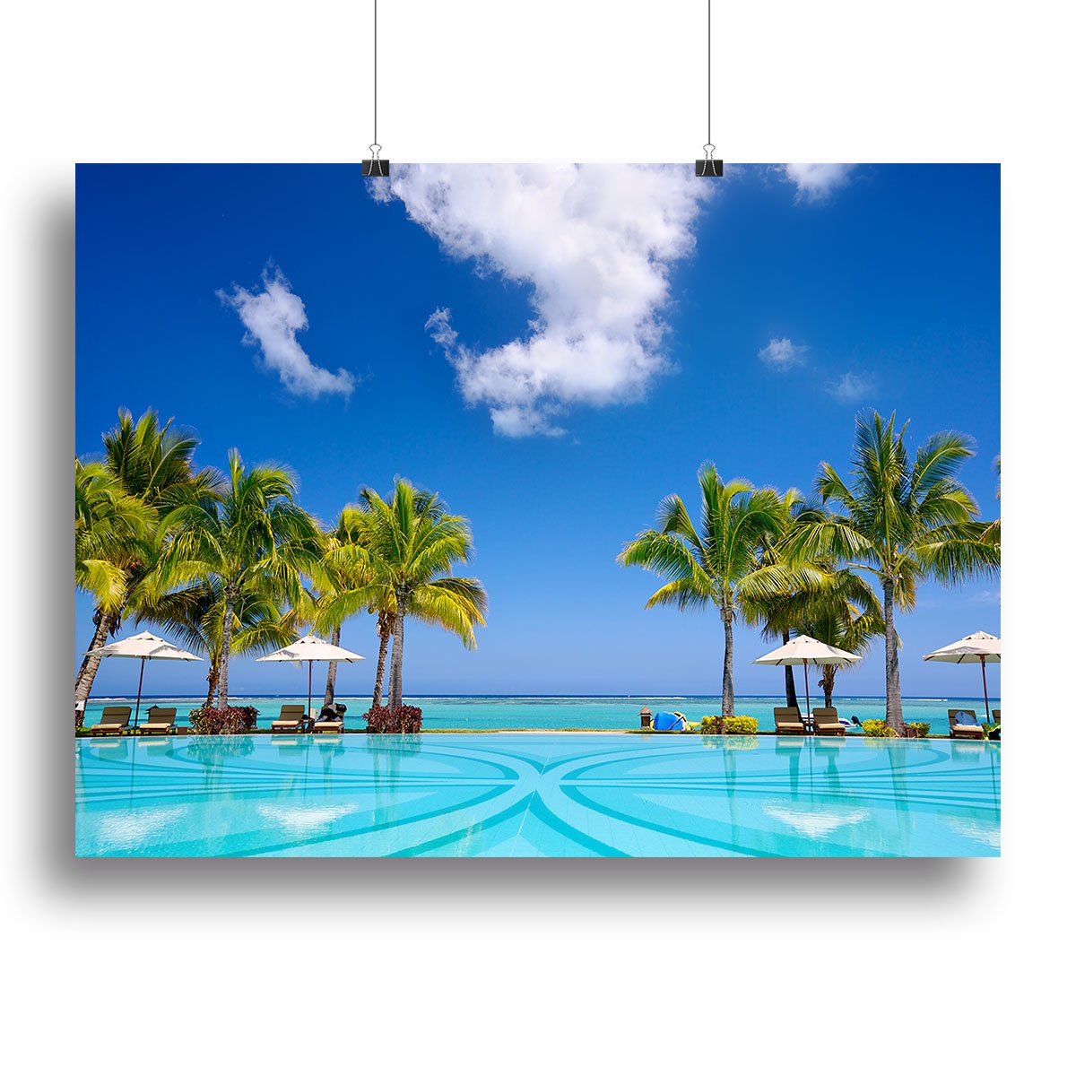 Tropical beach resort with lounge chairs Canvas Print or Poster