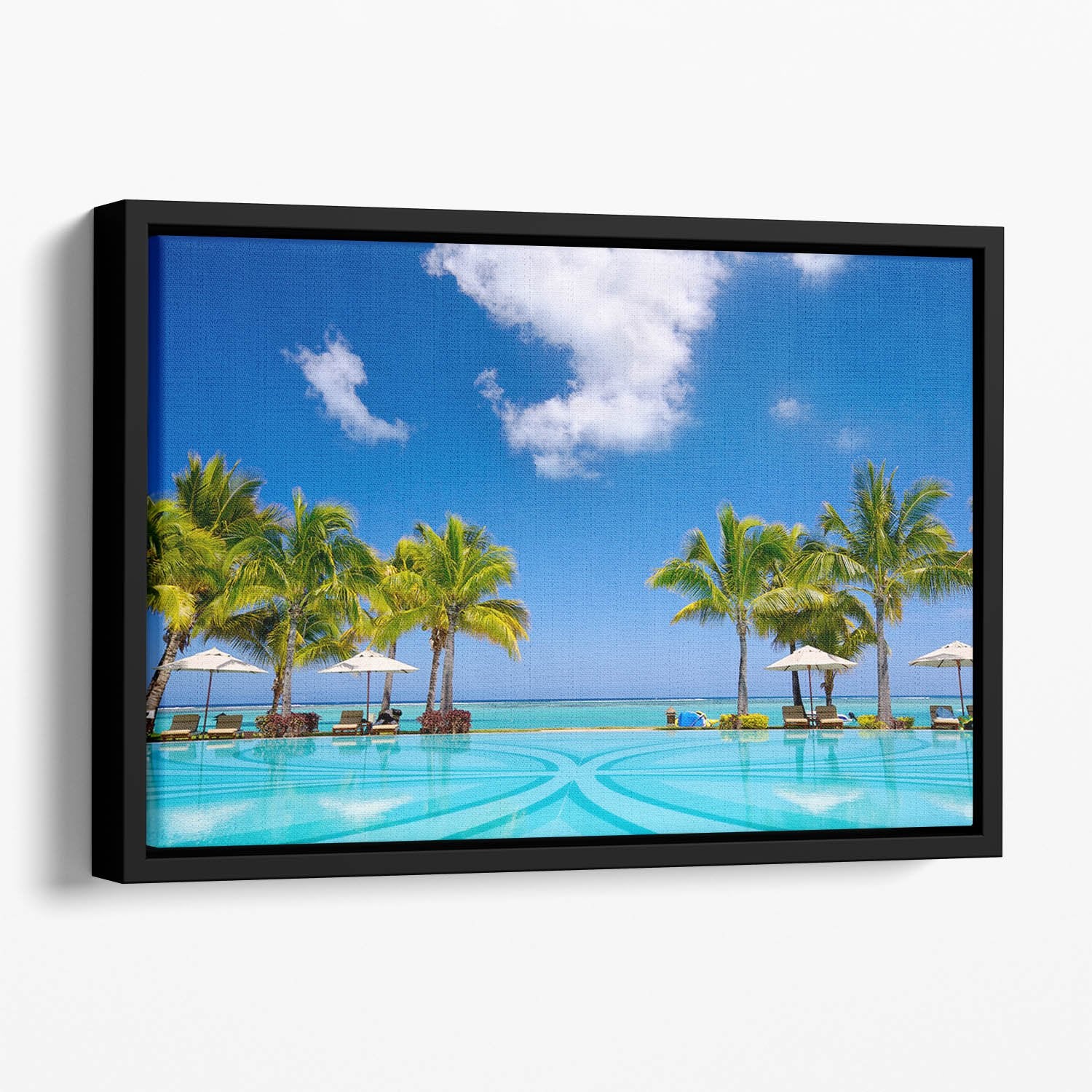 Tropical beach resort with lounge chairs Floating Framed Canvas