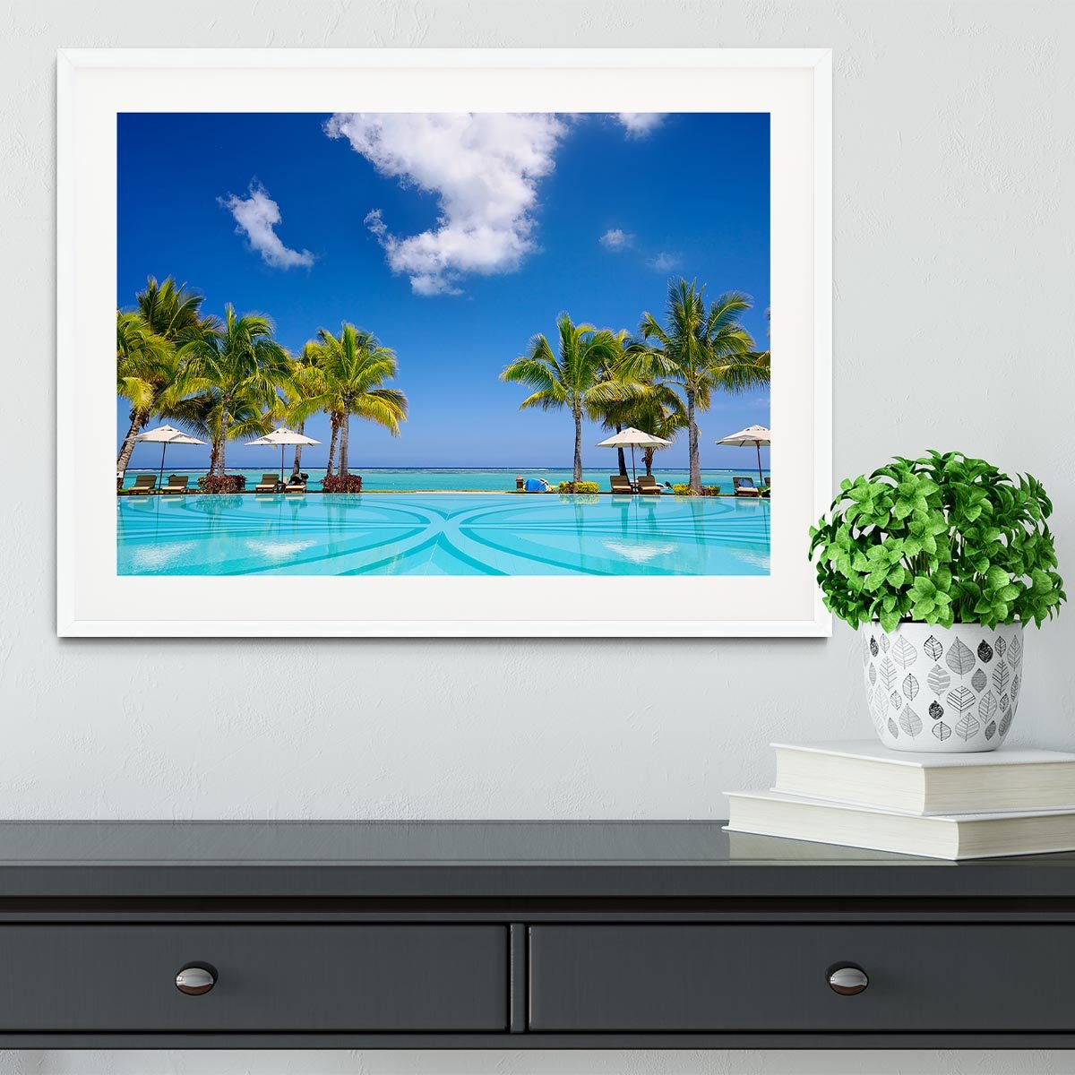 Tropical beach resort with lounge chairs Framed Print - Canvas Art Rocks - 5