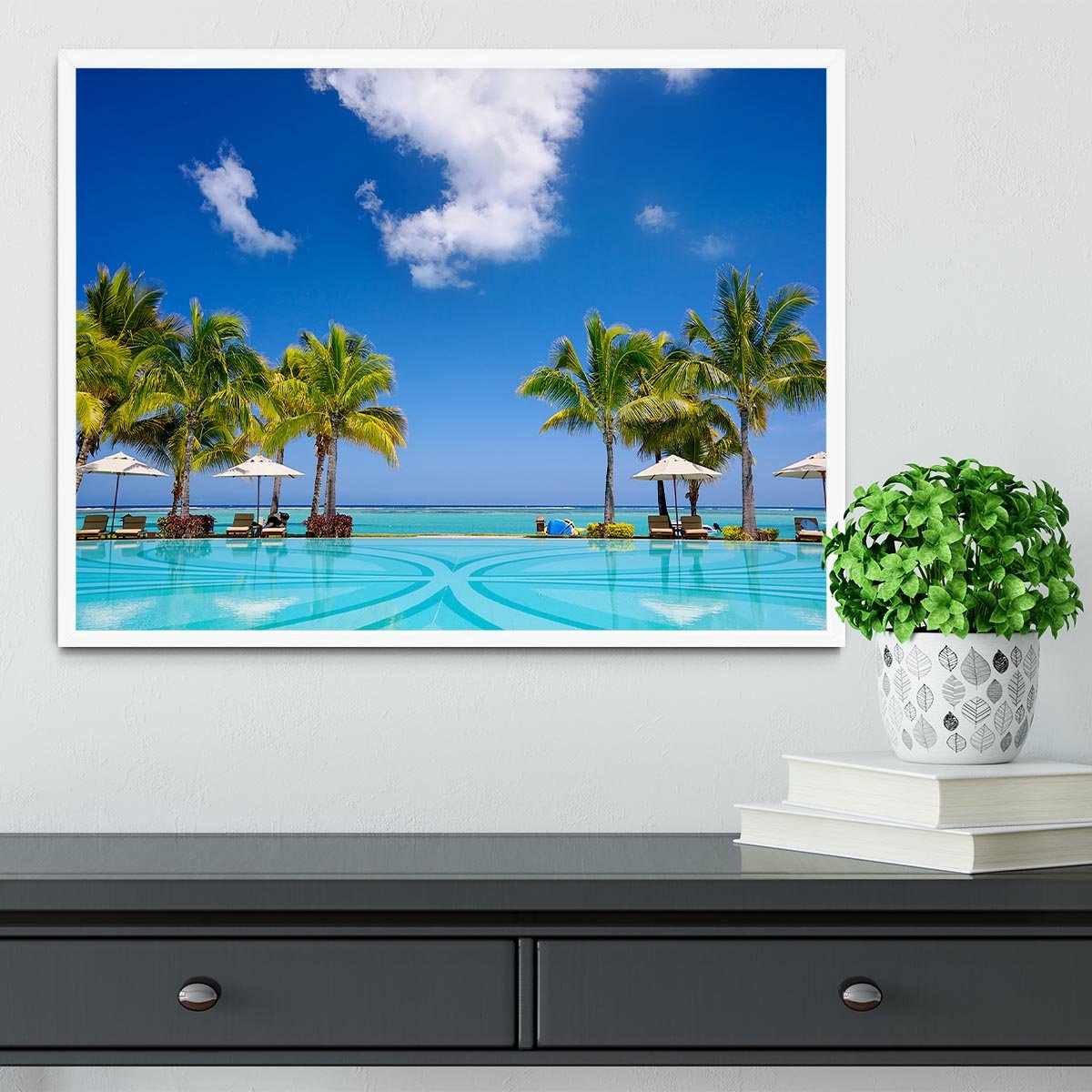 Tropical beach resort with lounge chairs Framed Print - Canvas Art Rocks -6