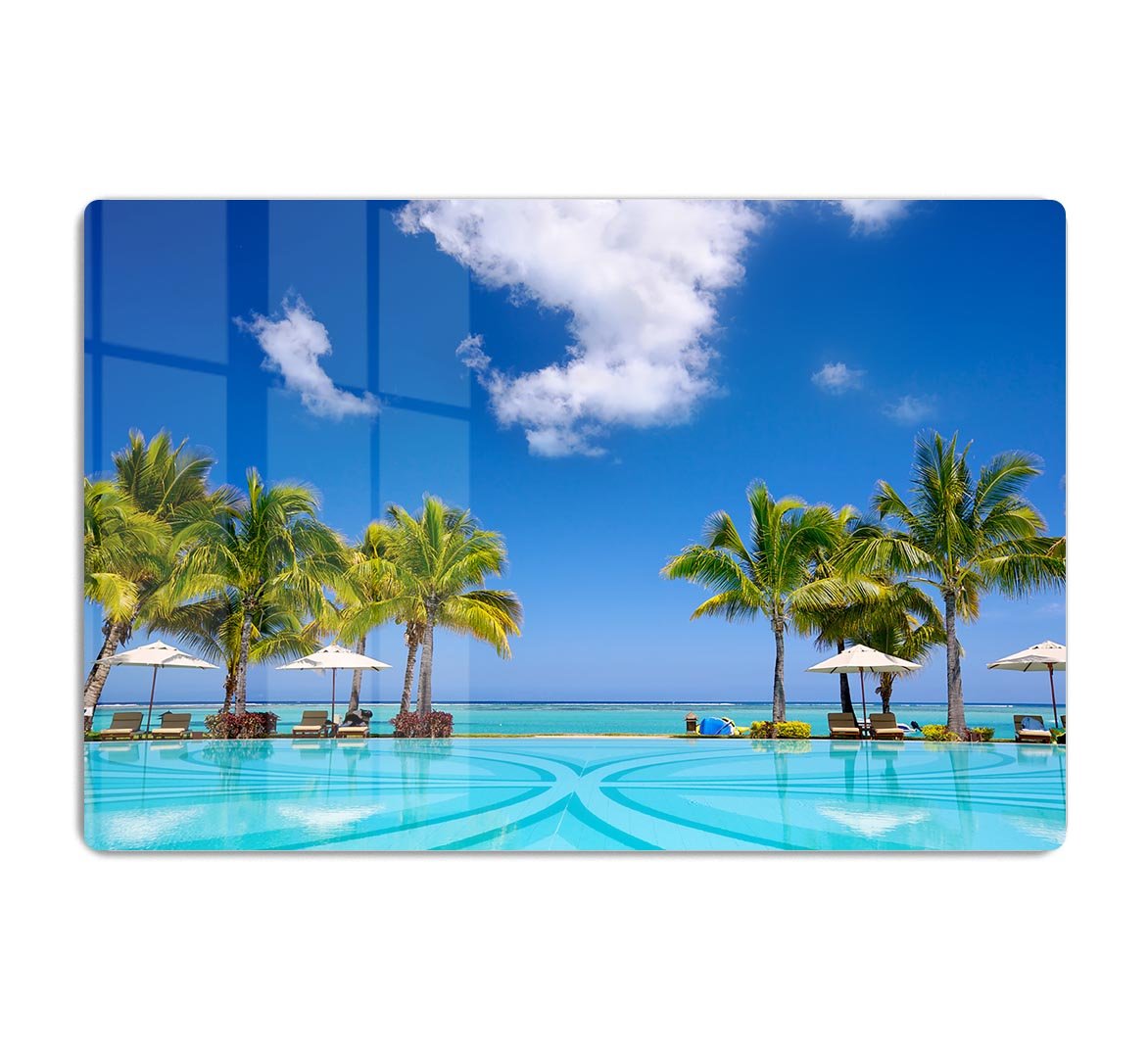 Tropical beach resort with lounge chairs HD Metal Print - Canvas Art Rocks - 1