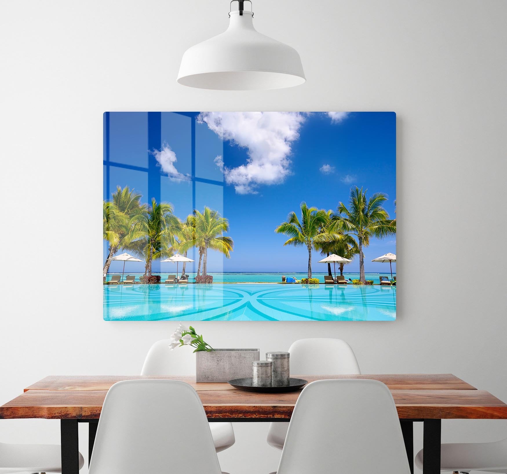Tropical beach resort with lounge chairs HD Metal Print - Canvas Art Rocks - 2