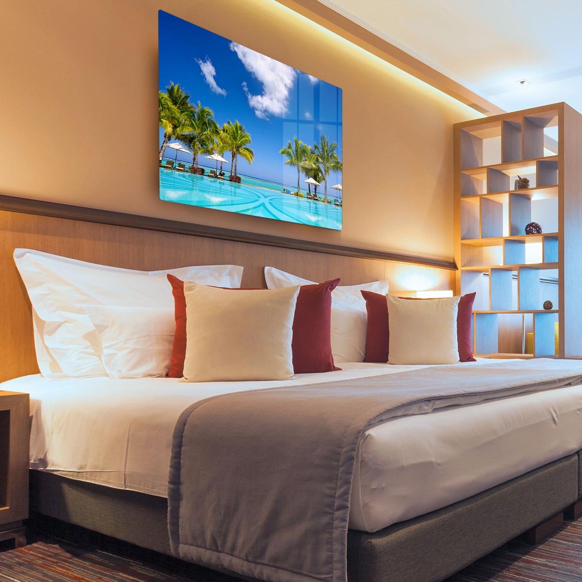 Tropical beach resort with lounge chairs HD Metal Print - Canvas Art Rocks - 3