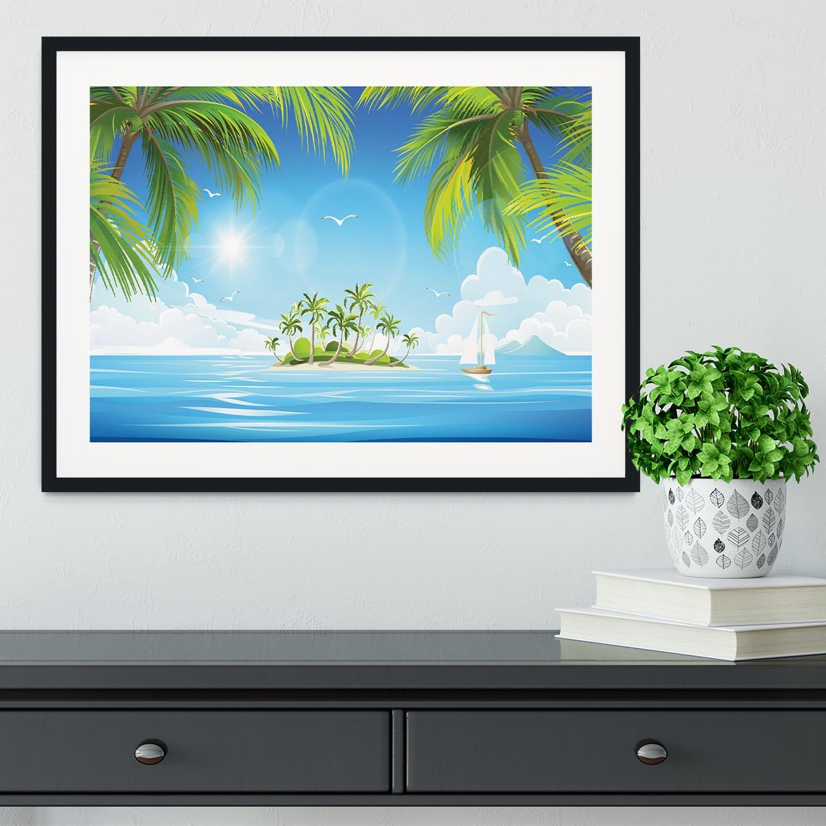 Tropical island with palm trees Framed Print - Canvas Art Rocks - 1